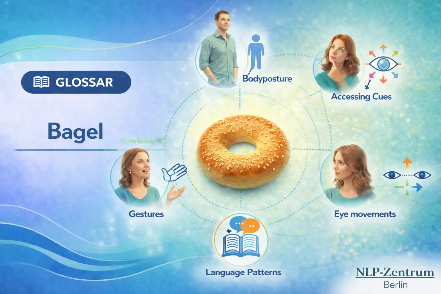 Abbildung zeigt einen Bagel im Mittelpunkt mit Pfeilen zu Körpersprache, Augenbewegungen, Gesten und Sprachmuster. Glossar des NLP-Zentrum-Berlins.