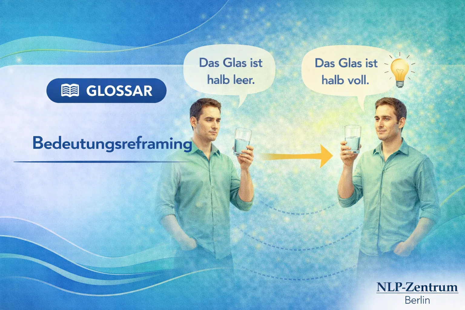 Zwei Männer halten jeweils ein Glas Wasser während einer von ihnen sagt das Glas sei halb leer und der andere sagt es sei halb voll. Glossar des NLP-Zentrum-Berlins.