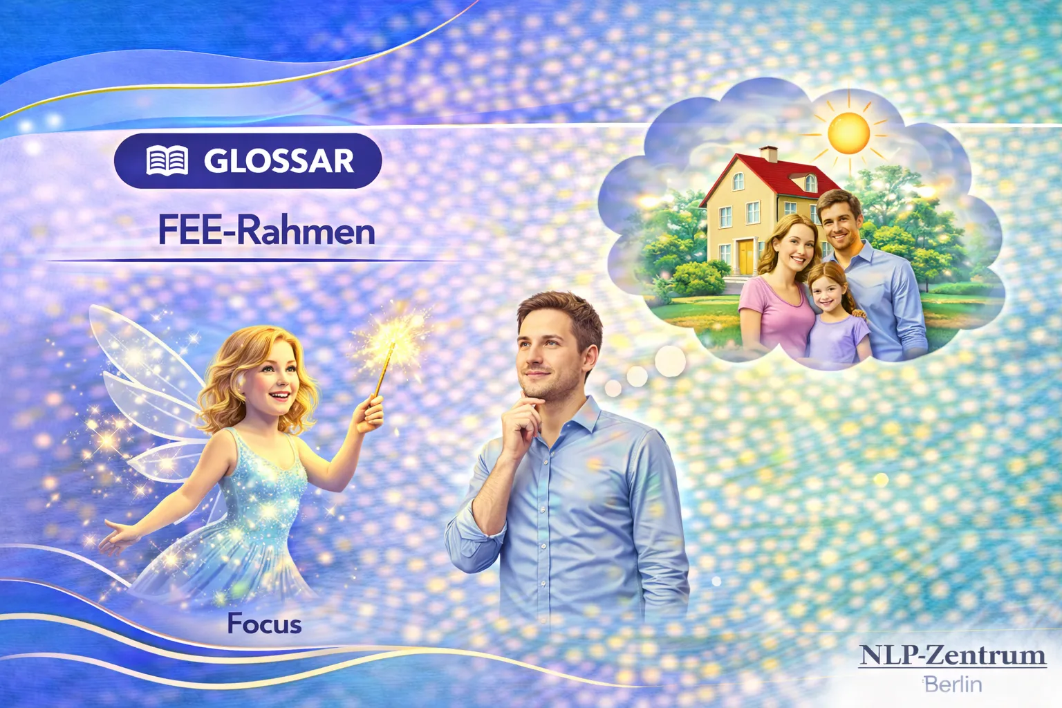 Ein Mann stellt sich seine Zukunft mit einer glücklichen Familie vor. Eine Fee zeigt mit einem Zauberstab auf ihn. Glossar des NLP-Zentrum-Berlins.