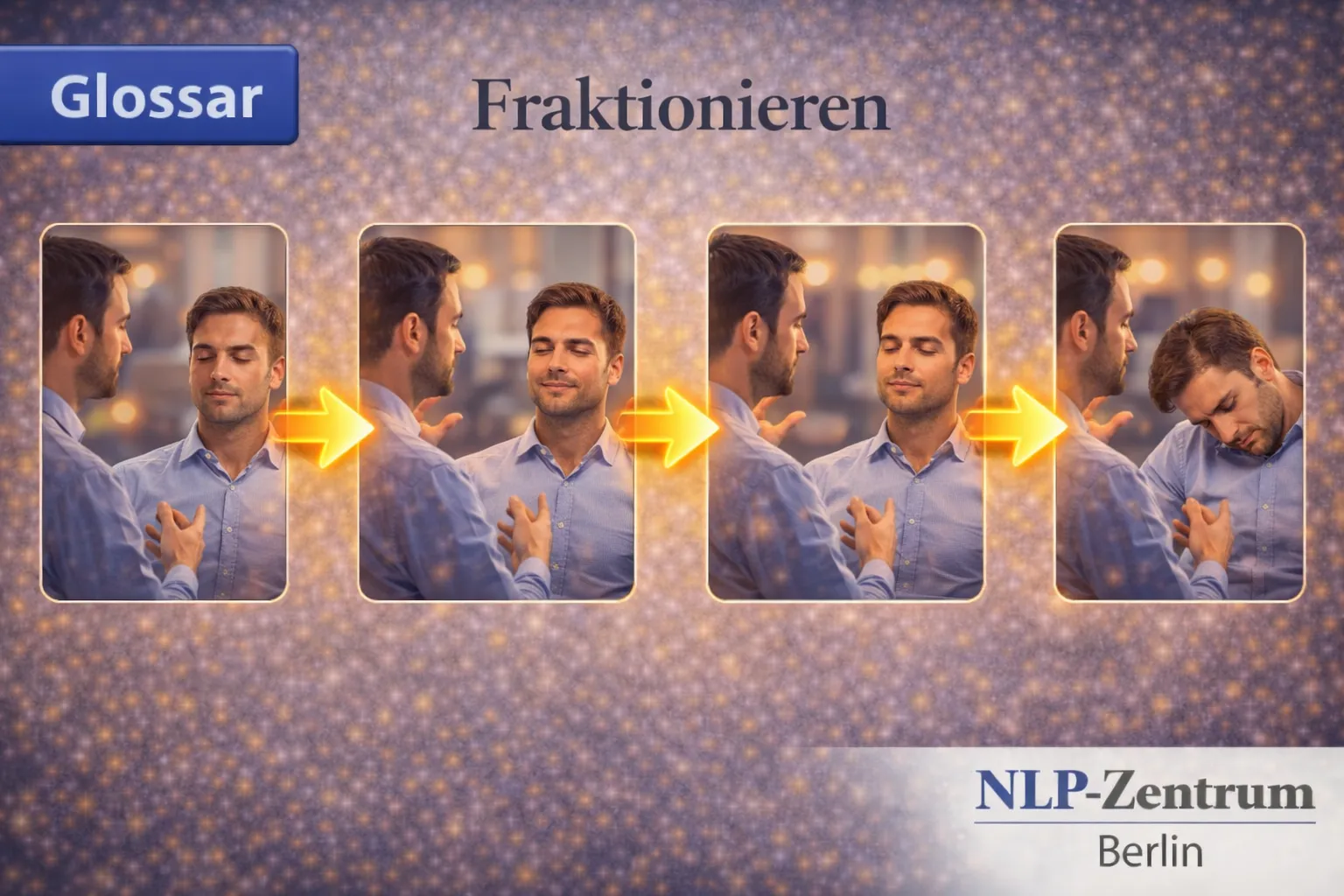 Das Bild zeigt einen Mann der durch fraktionieren in fünf Schritten immer tiefer und tiefer in Trance gerät. Glossar des NLP-Zentrum-Berlins.