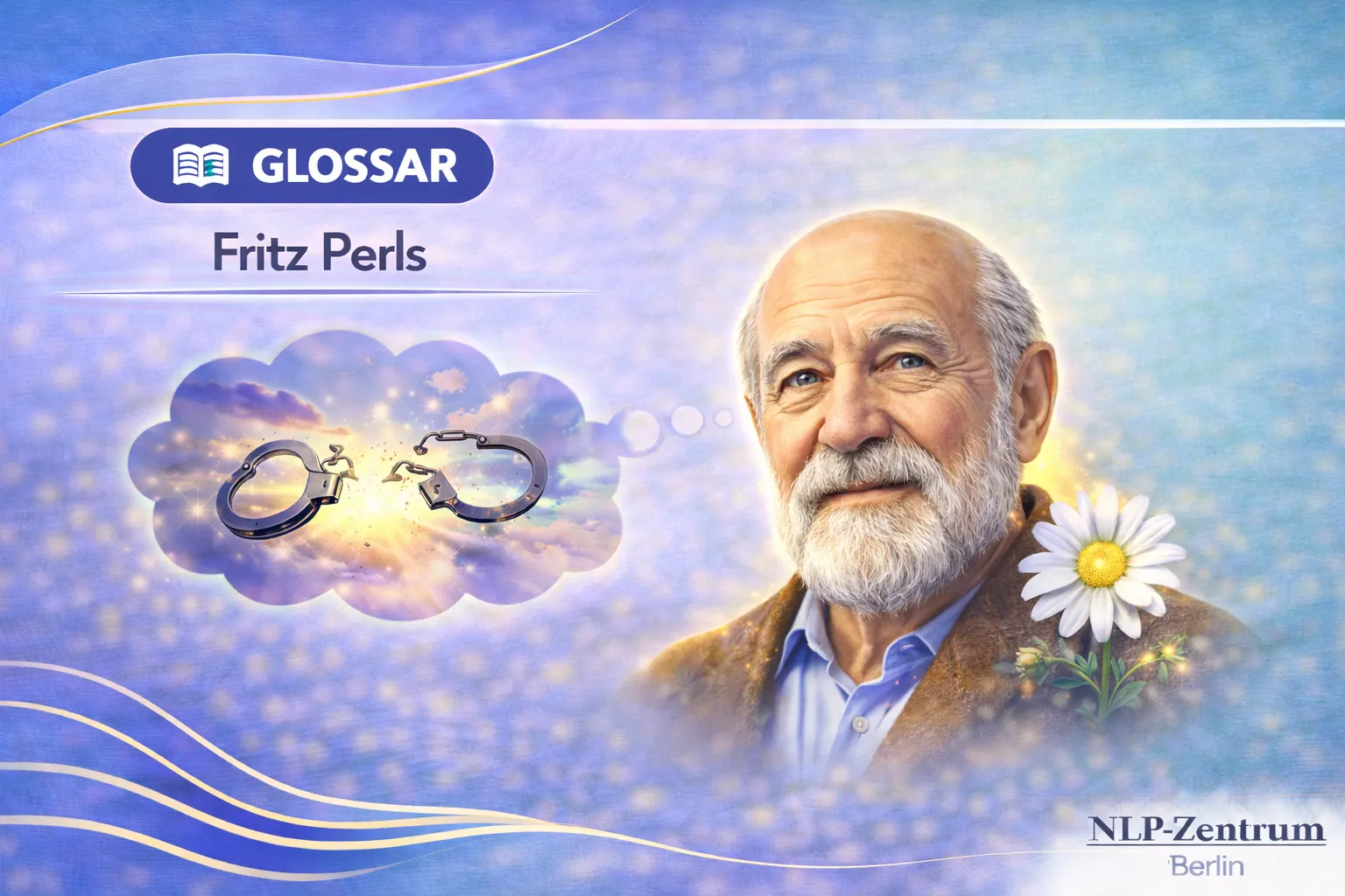 Das Bild zeigt den Psychoanalytiker Fritz Perls mit einem Gänseblümchen und gesprengten Ketten. Glossar des NLP-Zentrum-Berlins.